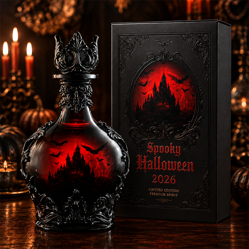 Bat Castle decorative bottle beside its presentation box