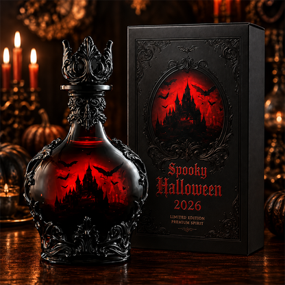 Bat Castle decorative bottle beside its presentation box