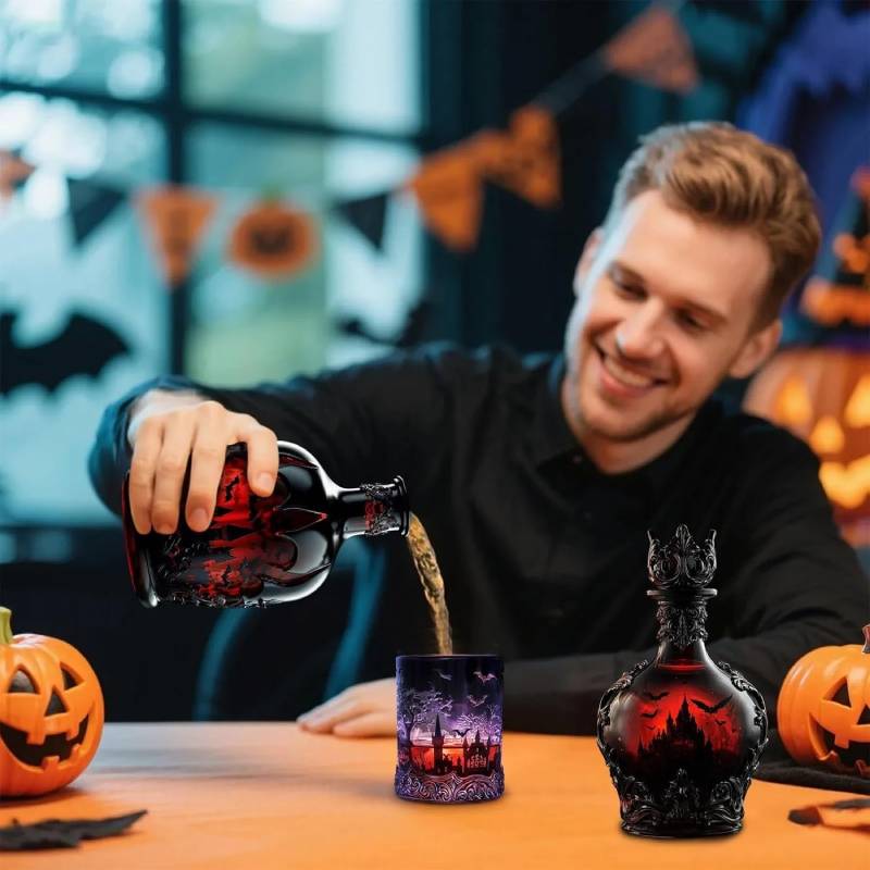 Bat Castle bottle and cup in a Halloween setting